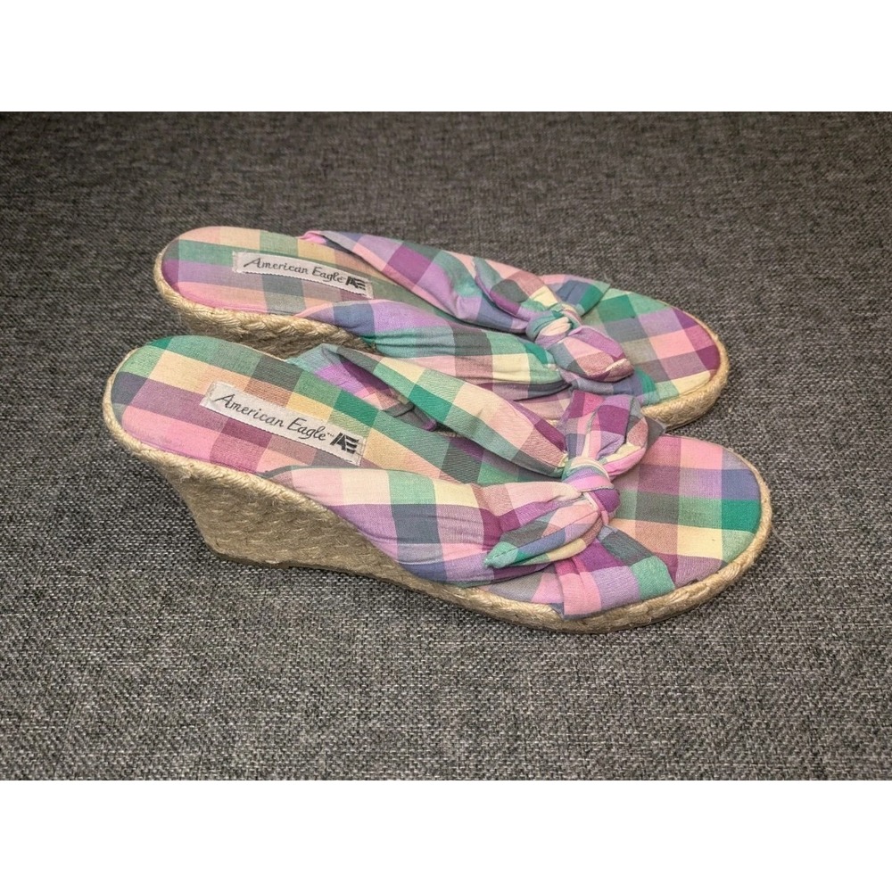 American Eagle Wedge Heel Multicolor Fabric Mules Espadrilles Sandals Size 9 US
